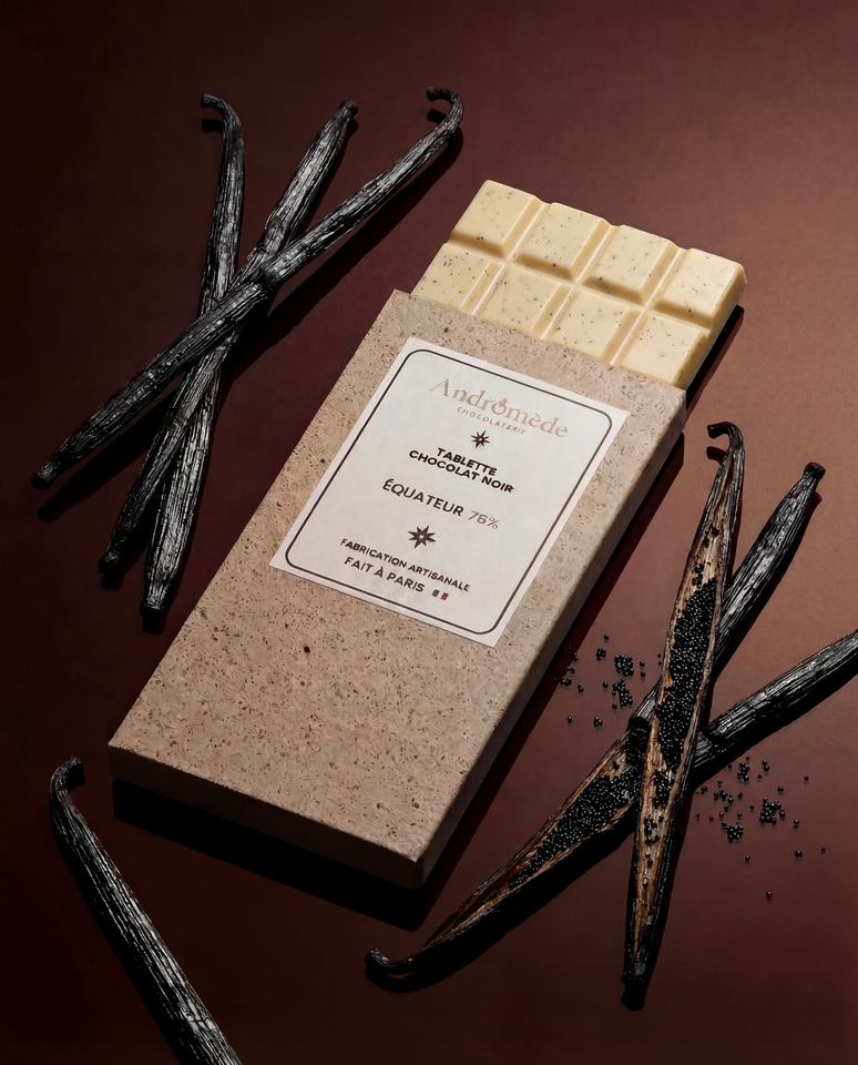 tablette de chocolat blanc et vanille de madagascar, atelier andromede
