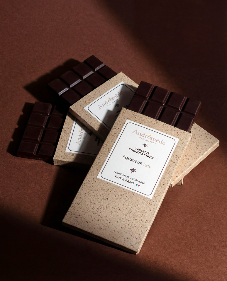 gamme de tablette de chocolat andromede, fabrication artisanale Bruxelles